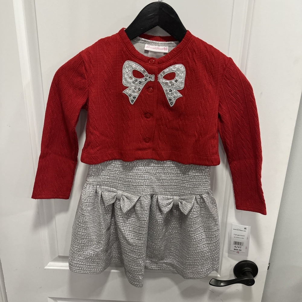 Bonnie Jean Girls Silver Holiday Dress w/ red Cardigan sequins Christmas bow 4T